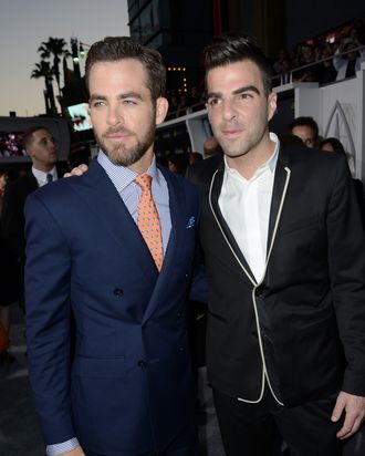 HOLLYWOOD, CA - MAY 14: Actor Chris Pine (L) and Zachary Quinto arrive at the Premiere of Paramount Pictures' 
