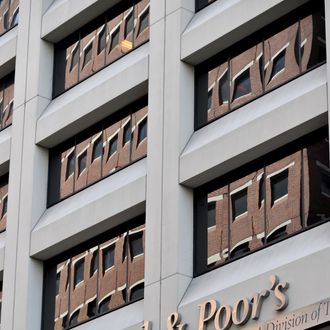 Standard & Poor's headquarters in the financial district of New York on August 6, 2011. The United States' credit rating was cut for the first time ever August 5 when Standard and Poor's lowered it from triple-A to AA+, citing the country's looming deficit burden and weak policy-making process. AFP PHOTO/Stan HONDA (Photo credit should read STAN HONDA/AFP/Getty Images)