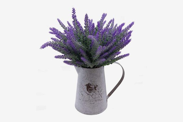 Vancore French Style Shabby Chic Vase Metal Pitcher With 6 Pcs Lavender Flowers