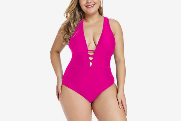 FlatterMe Plunge Neckline with Lace Up Detail One Piece Swimsuit