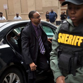 Baltimore Police Officer Caesar Goodson Jr. arrives for his murder trial in the death of Freddie Gray, at the Baltimore Circuit Court House on June 23, 2016 in Baltimore, Maryland.