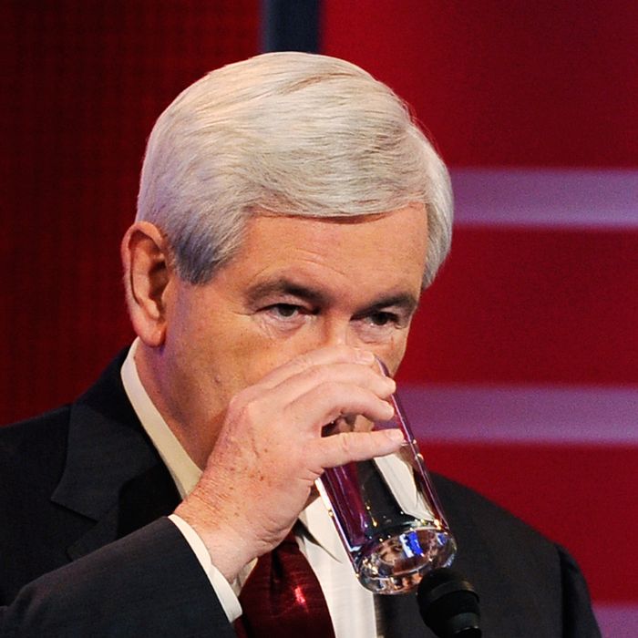 DES MOINES, IA - DECEMBER 10: Former speaker of the House Newt Gingrich takes a sip of water during the ABC News GOP Presidential debate on the campus of Drake University on December 10, 2011 in Des Moines, Iowa. Rivals were expected to target front runner Gingrich in the debate hosted by ABC News, Yahoo News, WOI-TV, The Des Moines Register and the Iowa GOP. (Photo by Kevork Djansezian/Getty Images)
