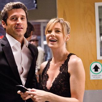 Patrick Dempsey (Dr. Derek Shepherd) and Ellen Pompeo (Dr. Meredith Grey) between takes during the filming of the 200th episode of Grey's Anatomy.