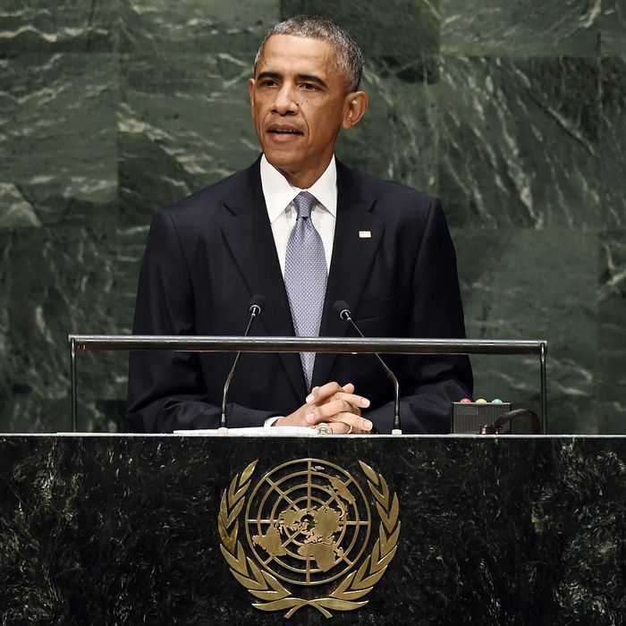 US President Barack Obama speaks during the 69th Session of the UN General Assembly at the United Nations in New York on September 24, 2014. 