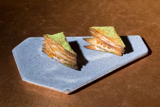 Mille-feuille &#8212; trout roe, matcha tea.