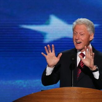 CHARLOTTE, NC - SEPTEMBER 05: U.S. President Bill Clinton speaks on stage during day two of the Democratic National Convention at Time Warner Cable Arena on September 5, 2012 in Charlotte, North Carolina. The DNC that will run through September 7, will nominate U.S. President Barack Obama as the Democratic presidential candidate. (Photo by Alex Wong/Getty Images)