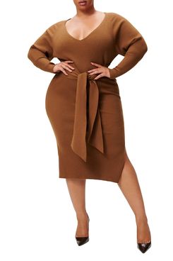 Good American Belted Rib-Knit Midi Dress