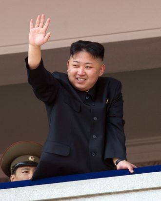 North Korean leader Kim Jong-Un waves after watching a military parade in honour of the 100th birthday of the late North Korean leader Kim Il-Sung in Pyongyang on April 15, 2012. North North Korean leader Kim Jong-Un delivered his first ever public speech at a major military parade in Pyongyang to mark 100 years since the birth of the country's founder Kim Il-Sung. AFP PHOTO / Ed Jones (Photo credit should read Ed Jones/AFP/Getty Images)