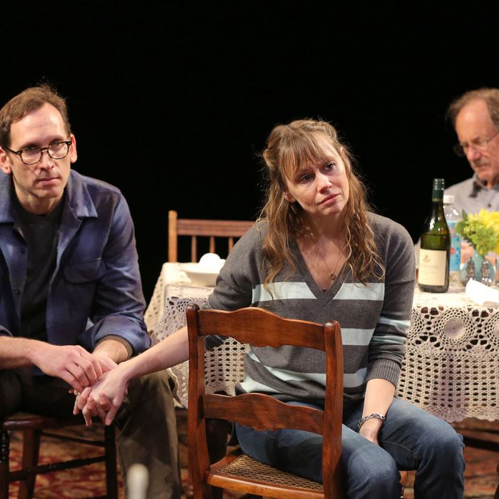 Stephen Kunken, Sally Murphy, and Jon DeVries in Regular Singing, written and directed by Richard Nelson, running at The Public Theater in repertory with The Apple Family Plays. Photo credit: Joan Marcus.
