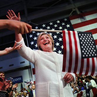 Democratic presidential candidate former Secretary of State Hillary Clinton greets supporters during a primary night event on June 7, 2016 in Brooklyn, New York. Hillary Clinton beat rival Bernie Sanders in the New Jersey presidential primary. 