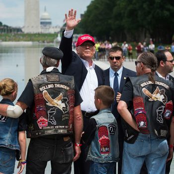 Republican presedential candidate Donald Trump waves to veterans and supporters after an event at the annual Rolling Thunder 