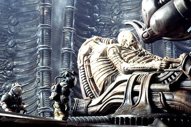 10. There were many concepts and plot points from O'Bannon's original story and script that did not make it into Alien. They stuck in Ridley Scott's head, and for years he has talked about returning to the characters of the Space Jockey (the name they were given during filming) to try to find out where that humanoid creature came from. In 1984, as Aliens was on the horizon, Scott said that his version of a sequel would have explored "what the Alien is and where it comes from."
&nbsp;
11. In fact, the Space Jockey was almost dropped from the first film entirely. The giant, biomechanical Space Jockey set, designed by Giger from an early painting of his, was an expensive proposition. But according to Ron Shusett, who co-wrote the original story with O'Bannon, Scott fought back against the studio, saying, "We need this. This is our Cecil B. Demille shot. When they see this, they know it's not some little thing, not miniatures ... Your jaw drops and you know you're watching an A-level movie."
&nbsp;
12. We'd like to keep this feature spoiler-free. But we can say that the elements that got cut from the 1979 Alien that have found their way into Prometheus are a giant pyramid/temple full of dangerous items as well as a curious decapitated head.