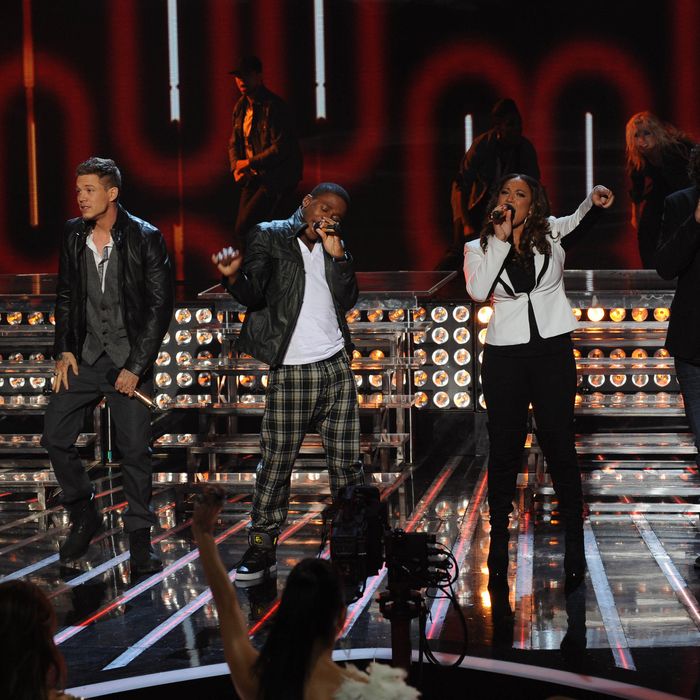 THE X FACTOR: Top 4 to 3 Elimination: L-R: Chris Rene, Marcus Canty, Melanie Amaro and Josh Krajcik perform on THE X FACTOR airing on Thursday, Dec. 15 (8:00-9:00 PM ET/PT) on FOX. CR: Ray Mickshaw / FOX.