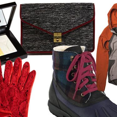 Clockwise from top left: Party Shimmer Brick by Bobbi Brown Cosmetics, Letter Clutch by Surface to Air, Nike X Gyakusou Convertible Jacket-Vest, Air Rhone Quilted Boot by Cole Haan, and Red Leaves Lace & Nappa Gloves by L'Wren Scott.