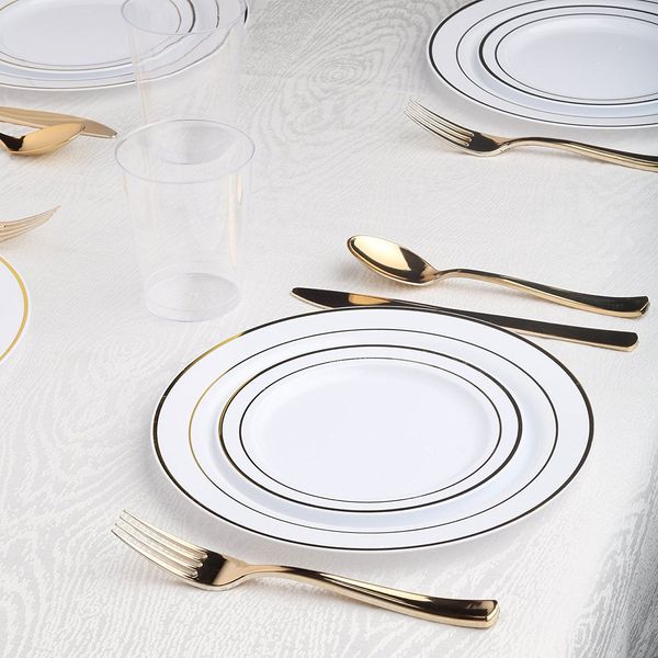 Kaya Collection — Disposable White with Gold Rim Plastic Round 9-Inch Buffet Plates