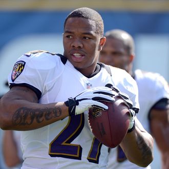 SAN DIEGO, CA - NOVEMBER 25: Runningback Ray Rice #27 of the Baltimore Ravens warms up on the field before his team's game against the San Diego Chargers on November 25, 2012 at Qualcomm Stadium in San Diego, California. (Photo by Donald Miralle/Getty Images)