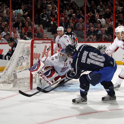 Marian Gaborik #10 of the New York Rangers Team Chara scores his second goal in the first period against Henrik Lundqvist #30 of the New York Rangers and Team Alfredsson during the 2012 Tim Hortons NHL All-Star Game