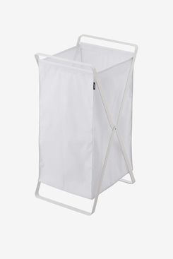 at Home Round Collapsible Canvas Laundry Hamper with Drawstring Liner, Navy Blue