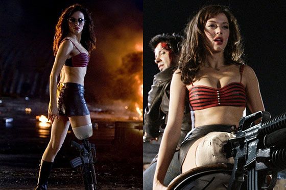 As Cherry Darling, Rose McGowan made losing one's leg to zombies look sexy, by replacing it with a funky machine gun and pairing it with a cute rubber bra, miniskirt, and black wedge boots. Bang bang bang!