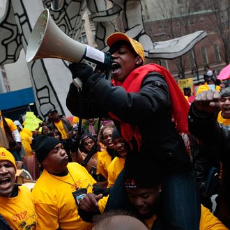 NEW YORK - DECEMBER 14: Protesters organized by the Neighborhood Assistance Corporation of America chant slogans denouncing mortgage-lending policies outside of One Chase Manhattan Plaza December 14, 2009 in New York City. Protesters marched past various banking headquarters and the New York Stock Exchange, denouncing home loan interest rates and bank bonuses. (Photo by Chris Hondros/Getty Images)