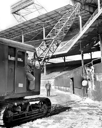 Ebbets Field being demolished by wrecking ball. 