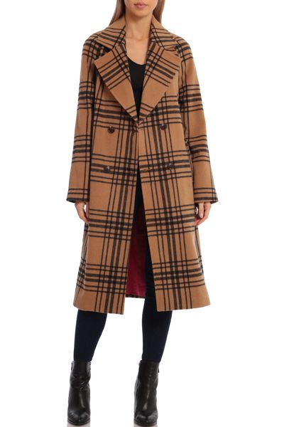 camel plaid mix trench coat