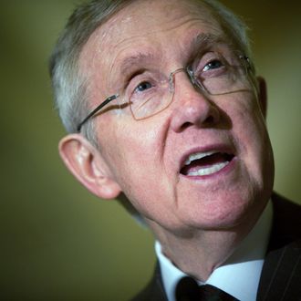 Senate Majority Leader Harry Reid (D-NV) speaks to the press after the Democrats' weekly policy luncheon in the U.S. Capitol building March 6, 2012 in Washington, DC. Reid criticized Senate Minority Leader Mitch McConnell's statement that the U.S. should use military force against Iran if the country develops nuclear weapons saying that lawmakers must be 
