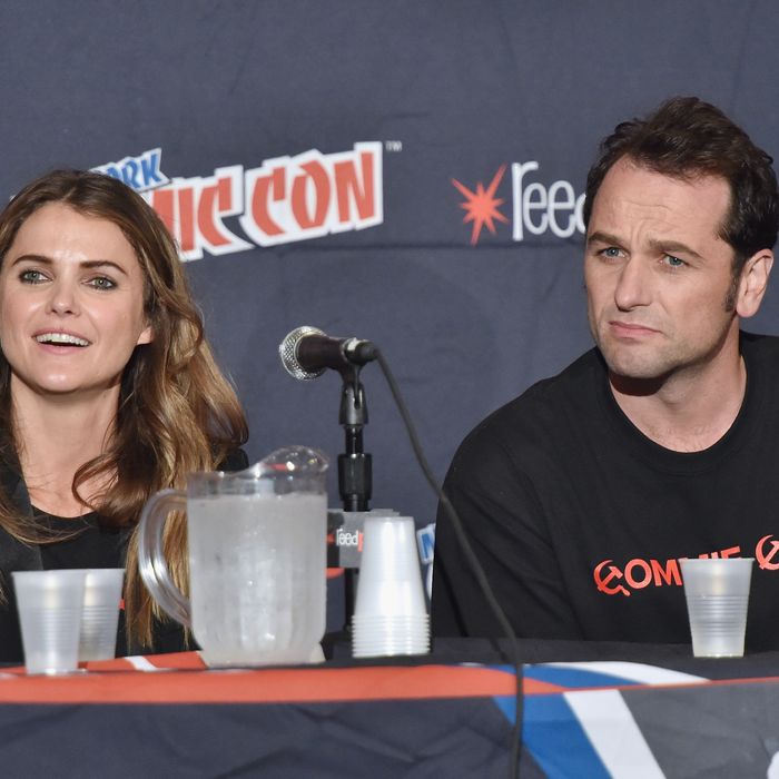NEW YORK, NY - OCTOBER 10: Actors Keri Russell (L) and Matthew Rhys speak during 'The Americans' panel at Jacob Javitz Center on October 10, 2014 in New York City. (Photo by Mike Coppola/Getty Images)