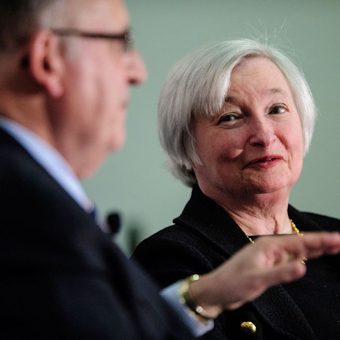 Janet Yellen, vice chairman of the U.S. Federal Reserve, right, speaks while Allan Sloan, senior editor of Fortune Magazine, listens at the Society of American Business Editors and Writers (SABEW) 2013 Spring Conference in Washington, D.C., U.S., on Thursday, April 4, 2013. Yellen said the Federal Open Market Committee should be prepared to alter its $85 billion monthly pace of bond buying based on changes in the economic outlook.