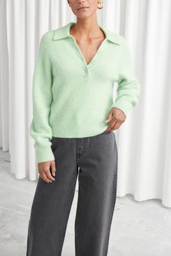 Collared Wool Blend Ribbed Sweater