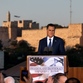  U.S. Republican presidential candidate, former Massachusetts Gov. Mitt Romney delivers a speech outside the Old City on July 29, 2012 in Jerusalem, Israel. Romney stated that he backs Israel's right to defend itself against the threat of a nuclear Iran. He is in Israel as part of a three-nation foreign diplomatic tour which also includes visits to Poland and Great Britain. 