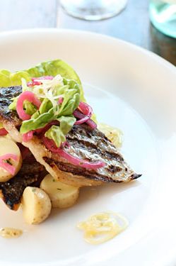 Grilled Mackerel with pickled red onion, potato salad, butter lettuce, and lemon-mustard dressing.
