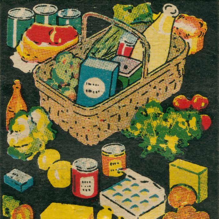 A vintage folk art-inspired print of a basket full of groceries.
