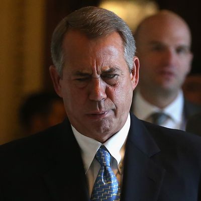 House Speaker John Boehner (R-OH) walks through the House side of the US Capitol February 27, 2015 in Washington, DC. Later today the House will vote on a three week continuing resolution for funding the Department of Homeland Security. 