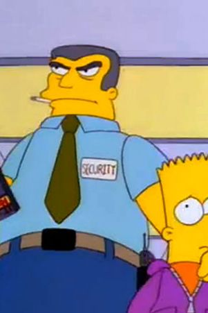 When writing the episode about Bart getting caught trying to shoplift the videogame Bonestorm, we were here till two in the morning pitching on the name for the mall security guard who catches him (voiced by Lawrence Tierney) to get it right. And it still seems right. If you know why, please tell us.