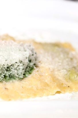 Double Record Ravioli, fava beans, sheep's milk cheese, mint and hog jowl (Chef Vetri).