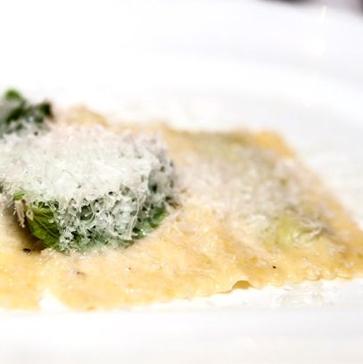 Double Record Ravioli, fava beans, sheep's milk cheese, mint and hog jowl (Chef Vetri).