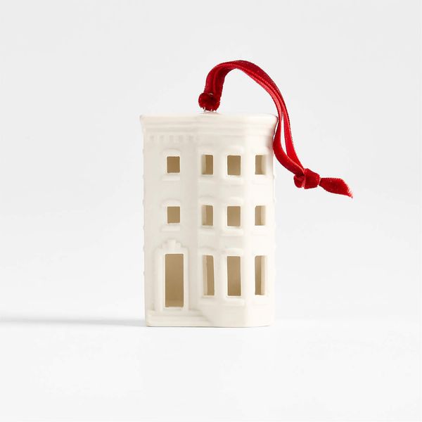 Crate & Barrel Ceramic White Brownstone with Bay Window Christmas Tree Ornament
