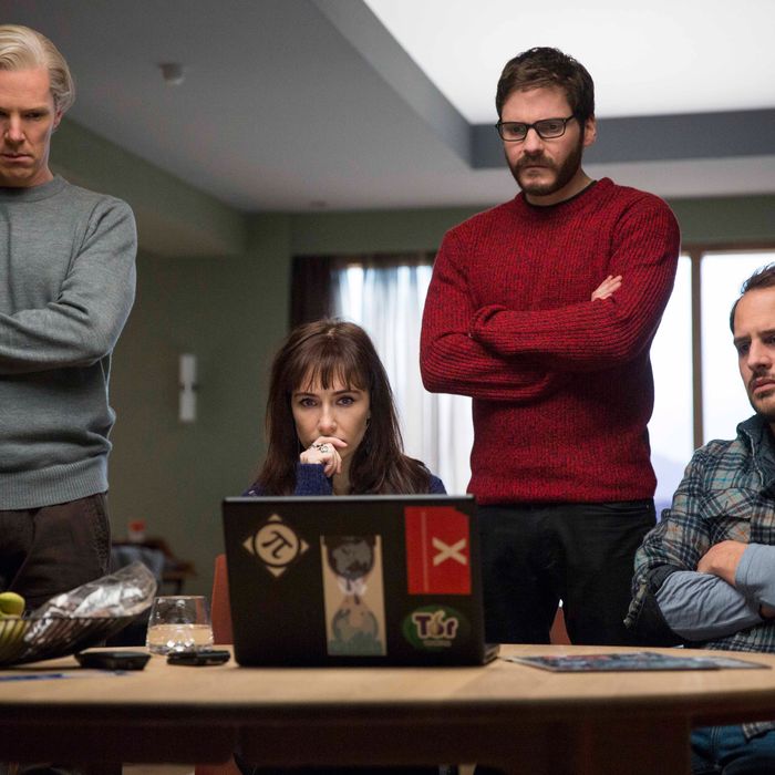 Left to right: Benedict Cumberbatch (Julian Assange), Carice van Houten (Birgitta J?nsd?ttir), Daniel Br?hl (Daniel Domscheit-Berg) and Moritz Bleibtreu (Marcus) star in DreamWorks Pictures’ “The Fifth Estate.” A dramatic thriller based on true events, “The Fifth Estate” reveals the quest to expose the deceptions and corruptions of power that turned an Internet upstart into the 21st century’s most fiercely debated organization.
