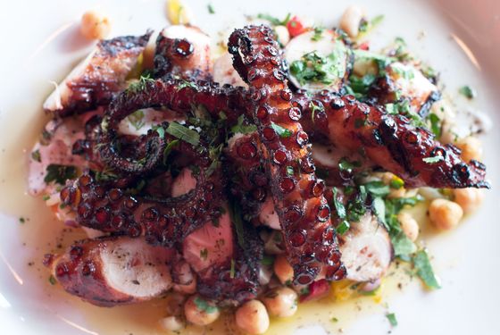 Octopus with Mediterranean bean salad, yogurt, and cured-black-olive puree.