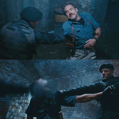 Statham stabs you in the back of the neck, breaks your arm, then holds you in place while Jet Li snaps your neck with his foot. (The Expendables)