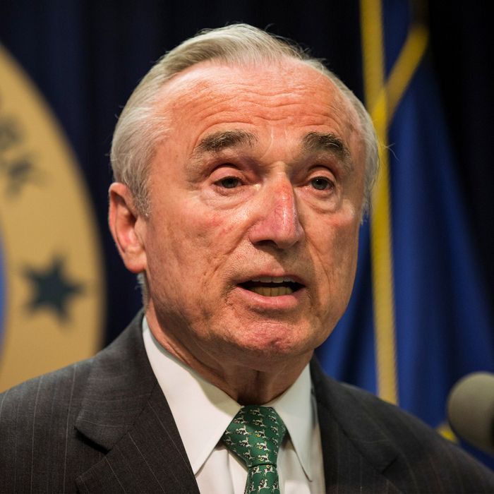 New York Police Commissioner Bill Bratton speaks at a press conference about a new community prevention program for heroin overdoses in which New York police officers will carry kits with Naloxone, an heroin antidote that can reverse the effects of an opioid overdose, on May 27, 2014 in New York City. 