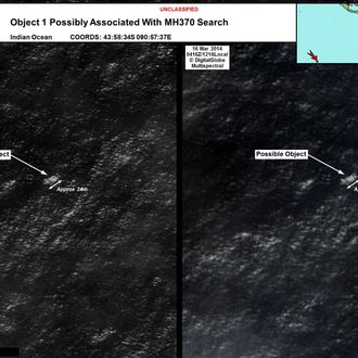 INDIAN OCEAN - In this handout Satellite image made available by the AMSA (Australian Maritime Safety Authority) on March 20, 2014, objects that may be possible debris of the missing Malaysia Airlines Flight MH370 are shown in a revised area 185 km to the south east of the original search area. The imagery has been analysed by specialists in Australian GeoSpacial-Intelligence Organisation and is considered to provide a possible sighting of objects that has resulted in a refinement of the search area. Two objects possibly connected to the search for the passenger liner, missing for nearly two weeks after disappearing on a flight from Kuala Lumpur, Malaysia to Beijing, have been spotted in the southern Indian Ocean, according to published reports quoting Australian Prime Minister Tony Abbott. (Photo by DigitalGlobe/AMSA via Getty Images)