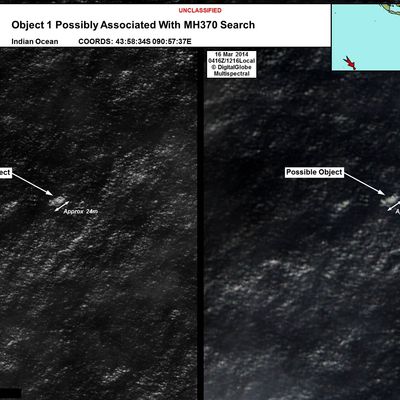 INDIAN OCEAN - In this handout Satellite image made available by the AMSA (Australian Maritime Safety Authority) on March 20, 2014, objects that may be possible debris of the missing Malaysia Airlines Flight MH370 are shown in a revised area 185 km to the south east of the original search area. The imagery has been analysed by specialists in Australian GeoSpacial-Intelligence Organisation and is considered to provide a possible sighting of objects that has resulted in a refinement of the search area. Two objects possibly connected to the search for the passenger liner, missing for nearly two weeks after disappearing on a flight from Kuala Lumpur, Malaysia to Beijing, have been spotted in the southern Indian Ocean, according to published reports quoting Australian Prime Minister Tony Abbott. (Photo by DigitalGlobe/AMSA via Getty Images)