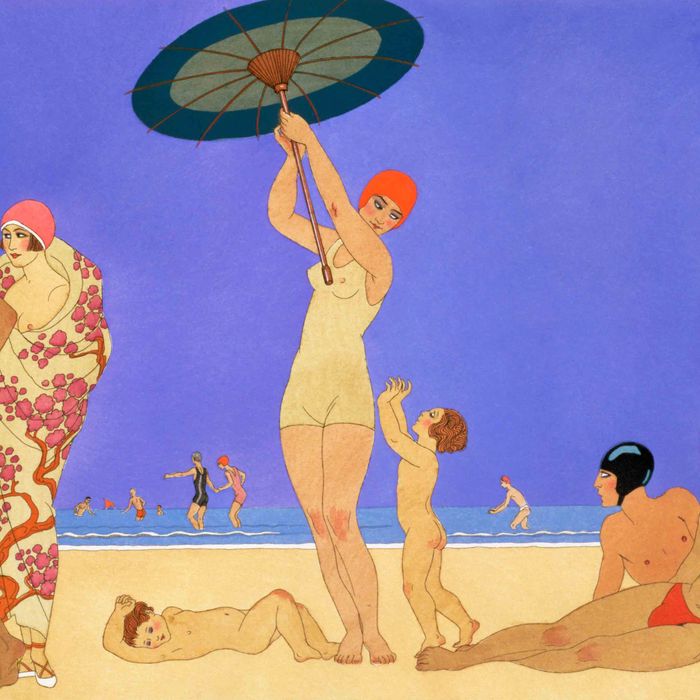 A 1920s-era graphic art-print scene of people at the beach — the Strategist reviews summertime tips for preventing thigh chafing.