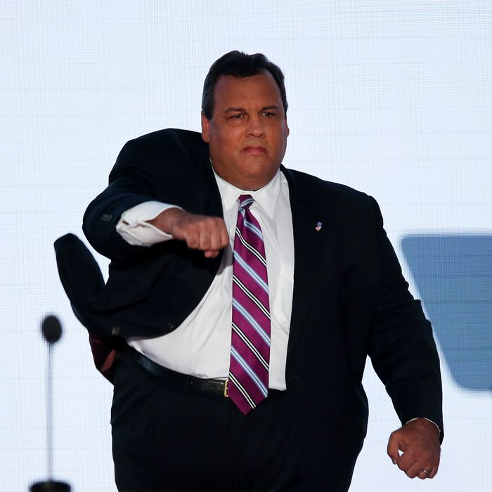 TAMPA, FL - AUGUST 28: New Jersey Gov. Chris Christie takes the stage to deliver the keynote address during the Republican National Convention at the Tampa Bay Times Forum on August 28, 2012 in Tampa, Florida. Today is the first full session of the RNC after the start was delayed due to Tropical Storm Isaac. (Photo by Mark Wilson/Getty Images)