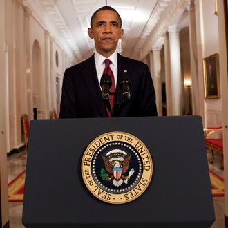 WASHINGTON, DC - MAY 1: (AFP OUT) U.S. President Barack Obama stands after addressing the nation on TV from the East Room of the White House to make a televised statement May 1, 2011 in Washington, DC. Bin Laden has been killed near Islamabad, Pakistan almost a decade after the terrorist attacks of Sept. 11, 2001 and his body is in possession of the United States. (Photo by Brendan Smialowski-Pool/Getty Images) *** Local Caption *** Barack Obama;