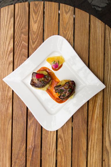 Foie gras al pastor, roasted pineapple, torrejas, chipotle, ancho honey.