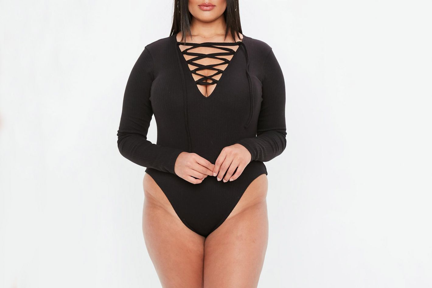 Plus Size Sexy Bodysuit, Women's Plus Solid Contrast Lace Long Sleeve Round  Neck Skinny Bodysuit