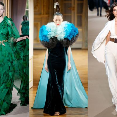 From left: cape dresses at Giambattista Valli, Alexis Mabille, and Stephane Rolland.
